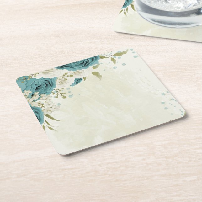 Porta-copo De Papel Quadrado casamento verde com flores brancas azuis (Inclinado)