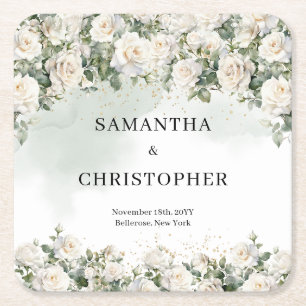 Porta-copo De Papel Quadrado Casamento verde do Jardim Floral de Rosas Brancas