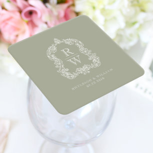Porta-copo De Papel Quadrado Casamento Vintage Monograma Crista Nomes Verde Sál
