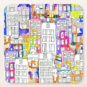 Porta-copo De Papel Quadrado Casas de Amsterdã: Padrão Sem Costura De Aquarela