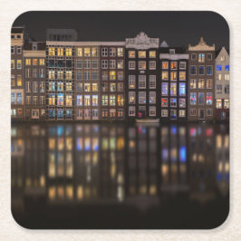 Porta-copo De Papel Quadrado Casas de Amsterdão com luzes coloridas na noite