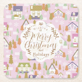 Porta-copo De Papel Quadrado Casas de Natal Rosa