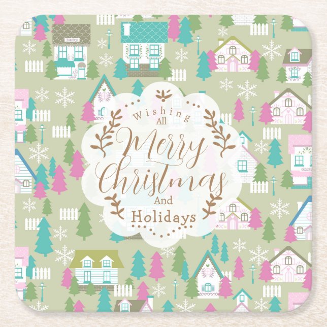 Porta-copo De Papel Quadrado Casas de Natal Verde (Frente)