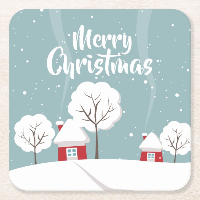 Porta-copo De Papel Quadrado Casas e Árvores Bonitas de Neve (Frente)