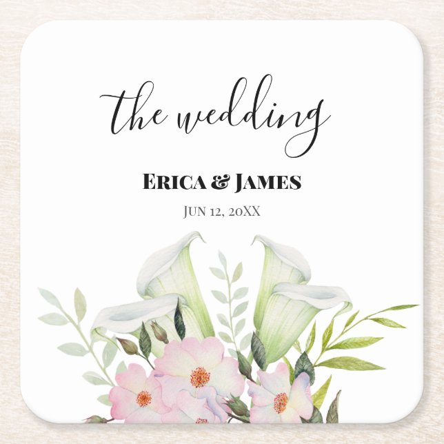 Porta-copo De Papel Quadrado Cavalo Branco de Casamento Calla Lily Rosa Waterco (Frente)