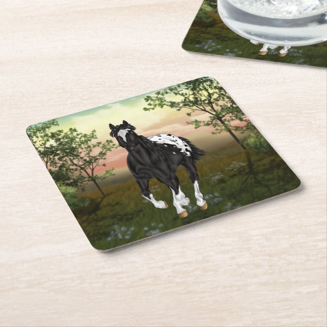 Porta-copo De Papel Quadrado Cavalo de Appaloosa, branco e preto (Inclinado)