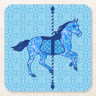 Porta-copo De Papel Quadrado Cavalo de Carrossel - Azul Cobalto e Azul Céu