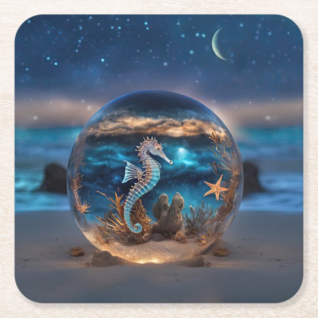Porta-copo De Papel Quadrado Cavalo e Starfish na Praia Fantasy (Frente)
