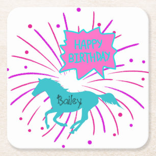 Porta-copo De Papel Quadrado Cavalo Feliz Aniversário Turquesa Púrpura Rosa
