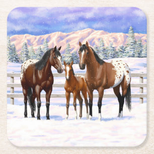 Porta-copo De Papel Quadrado Cavalos Appaloosa De Baía Castanha Em Neve