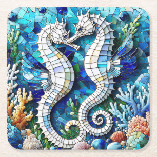 Porta-copo De Papel Quadrado Cavalos-Marinhos Mosaico Romântico Praia  