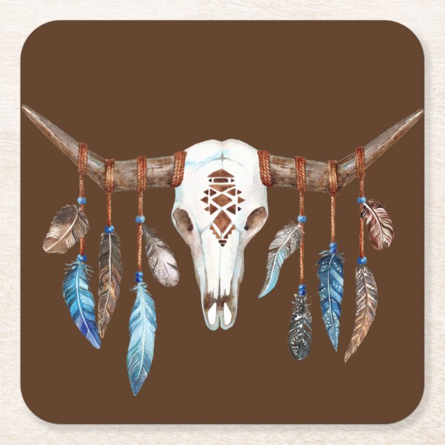 Porta-copo De Papel Quadrado Caveira Ocidental de Aquarela com Penas (Frente)
