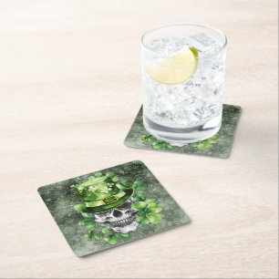 Porta-copo De Papel Quadrado Caveira Vívida com Ilustração de Chapéu Verde