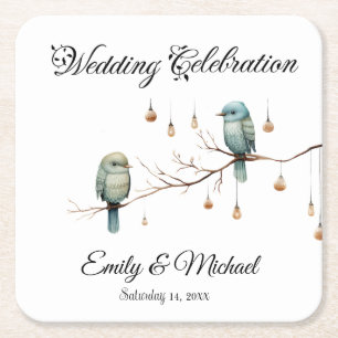 Porta-copo De Papel Quadrado Celebração Rustic Woodland Love Birds