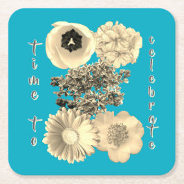 Porta-copo De Papel Quadrado Celebração Vintage Flores Teal Sépia