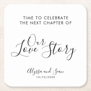 Porta-copo De Papel Quadrado Celebrar nossa Recepção de casamento da História d