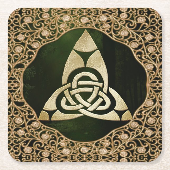 Porta-copo De Papel Quadrado Celtic Trinity Knot on Forest Shadows (Frente)