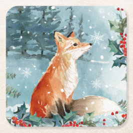 Porta-copo De Papel Quadrado Cena da floresta de inverno, Fox Christmas