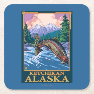 Porta-copo De Papel Quadrado Cena da pesca com mosca - Ketchikan, Alaska