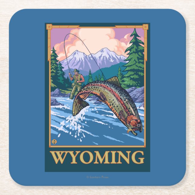 Porta-copo De Papel Quadrado Cena da pesca com mosca - Wyoming (Frente)