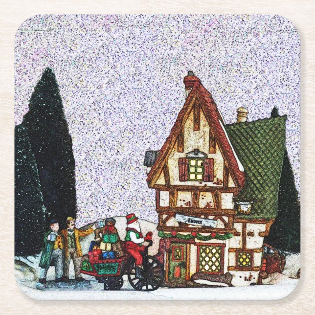 Porta-copo De Papel Quadrado Cena da Vila Holiday (Frente)