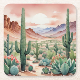 Porta-copo De Papel Quadrado Cena de Cactus do Deserto do Sudoeste