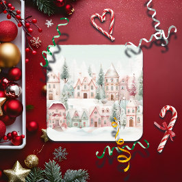 Porta-copo De Papel Quadrado Cena de inverno de Cor da Água, Cor de Água, Rosa 