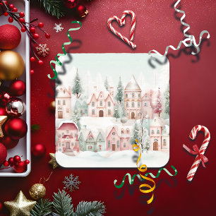 Porta-copo De Papel Quadrado Cena de inverno de Cor da Água, Cor de Água, Rosa