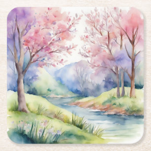 Porta-copo De Papel Quadrado Cena Natural de Primavera de Aquarela