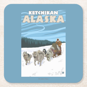 Porta-copo De Papel Quadrado Cena Sledding do cão - Ketchikan, Alaska