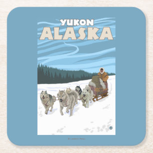 Porta-copo De Papel Quadrado Cena Sledding do cão - Yukon, Alaska