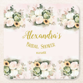 Porta-copo De Papel Quadrado Chá de Bebê Boho com Grama de Pampas e Abóbora Ele