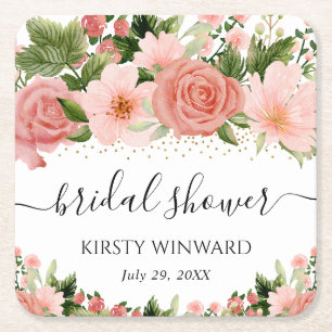 Porta-copo De Papel Quadrado Chá de Bebê com Rosas Cor-de-Rosa em Aquarela