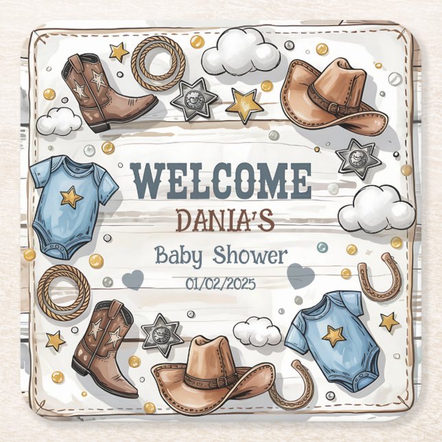Porta-copo De Papel Quadrado Chá de Bebê de Cowboy Está a Caminho Tema Western  (Frente)
