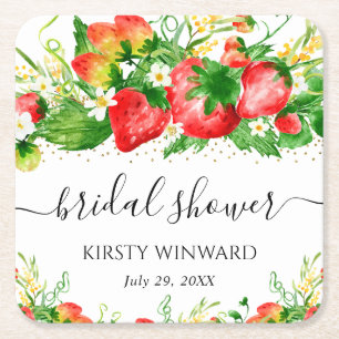 Porta-copo De Papel Quadrado Chá de Bebê de Morangos e Flores em Aquarela
