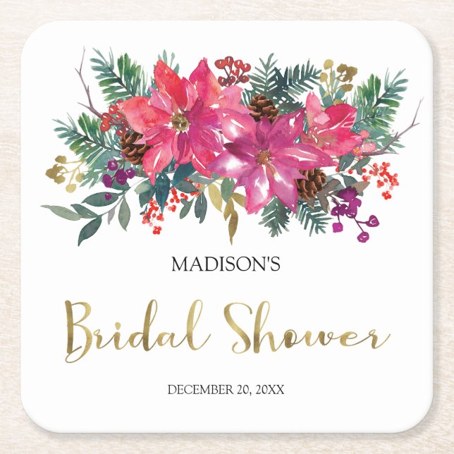 Porta-copo De Papel Quadrado Chá de Bebê de Natal com Poinsétia Rosa (Frente)