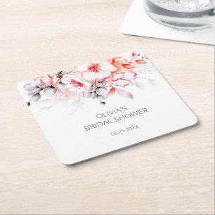 Porta-copo De Papel Quadrado Chá de Bebê de Noiva com Flores de Aquarela Vermel