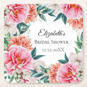 Porta-copo De Papel Quadrado Chá de Bebê de Peônias Rosa Floral Eucalipto