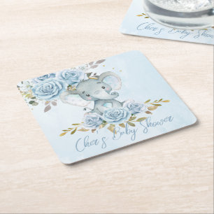 Porta-copo De Papel Quadrado Chá de Bebê Elefante Floral Azul Bebê