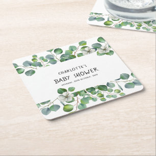 Porta-copo De Papel Quadrado Chá de Bebê Elegante Eucalipto Aquarela