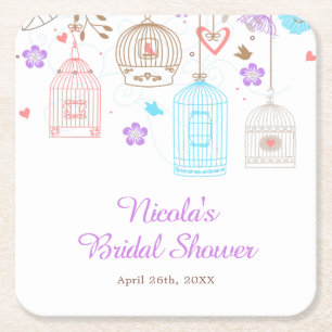 Porta-copo De Papel Quadrado Chá de Bebê Floral Elegante Roxo e Azul