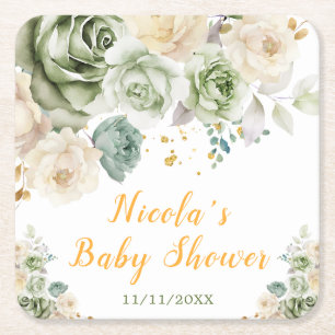 Porta-copo De Papel Quadrado Chá de Bebê Floral em Verde Salvia e Creme