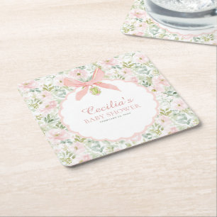Porta-copo De Papel Quadrado Chá de Bebê Menina com Laço Rosa Floral Vintage