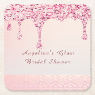 Porta-copo De Papel Quadrado Chá de Bebê Nupcial com Brilho Glam Rosa Elegante
