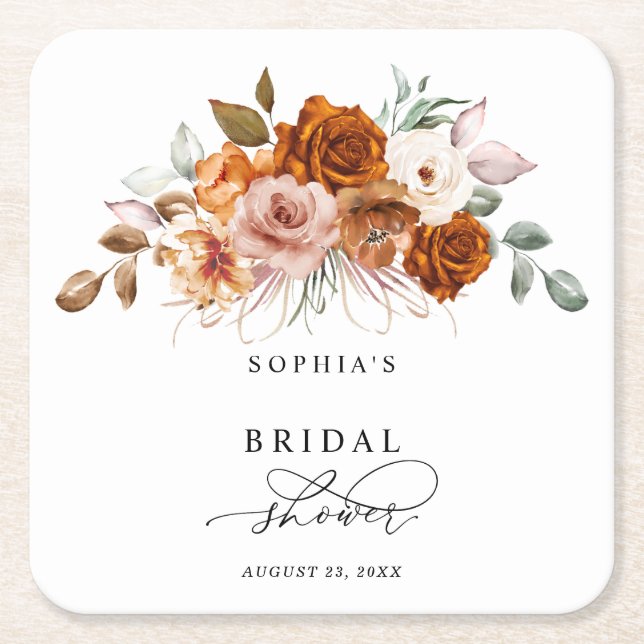 Porta-copo De Papel Quadrado Chá de Bebê Terracota Laranja Queimada Floral (Frente)