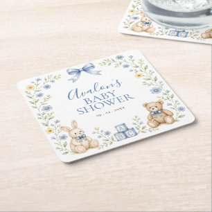 Porta-copo De Papel Quadrado Chá de Bebê Urso de Pelúcia Floral Azul Coelho Ber
