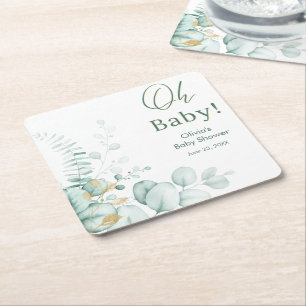 Porta-copo De Papel Quadrado Chá de Bebê Verde Eucalipto Dourado Oh Baby