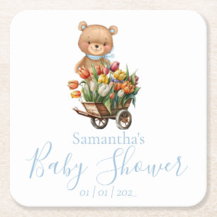 Porta-copo De Papel Quadrado Chá de fraldas Azul Floral Azul do Urso Teddy
