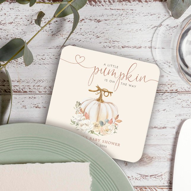 Porta-copo De Papel Quadrado Chá de fraldas de Abóbora (A little pumpkin fall floral rustic baby shower coaster decor is perfect way to celebrate.)