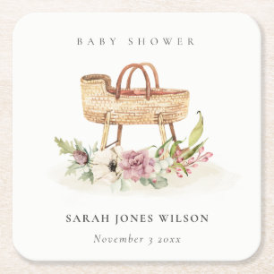 Porta-copo De Papel Quadrado Chá de fraldas de Boho Nursery Floral Rosa